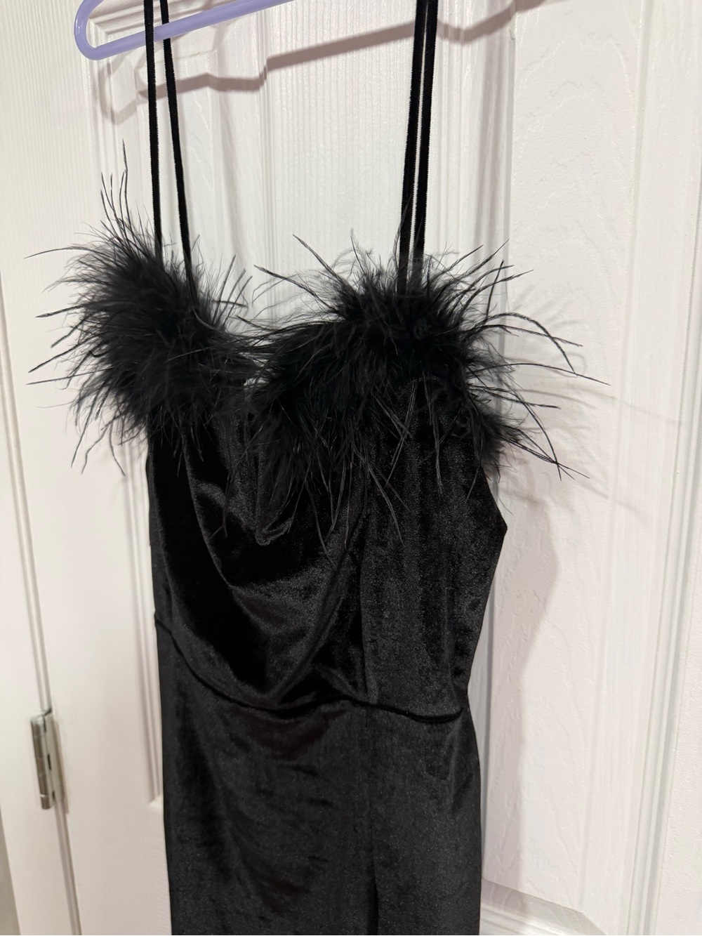 superdown Black Velvet Mini Dress with Feather Trim - Picture 3 of 5